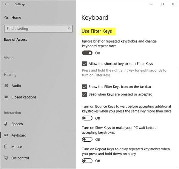 Ustawienia klawiszy filtrów w systemie Windows
