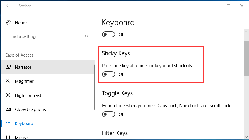 turn off sticky keys windows 10 permanently